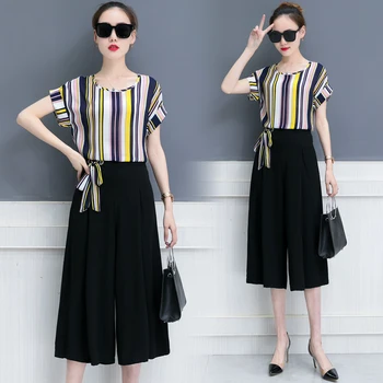 new korean fashion two-piece suits summer chiffon stripe blouse top & wide-legged black pants with short sleeves casual lady kit
new korean fashion two-piece suits summer chiffon stripe blouse top & wide-legged black pants with short sleeves casual lady kit