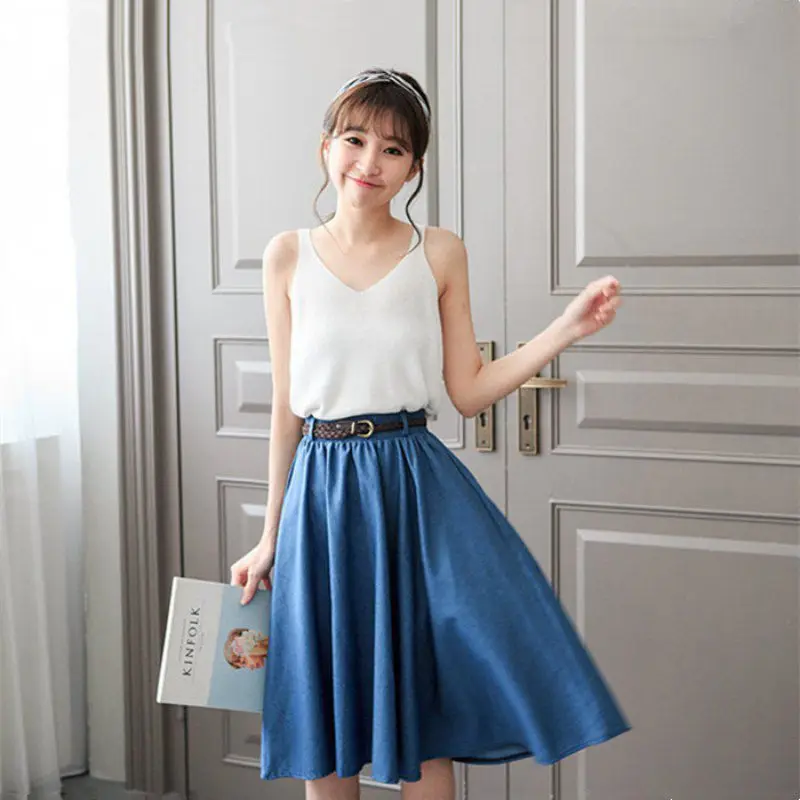 2019 Summer Denim Jeans Skirts Women A line Casual Belt Skirt High Elastic Waist Streetwear Midi Pleated Female Clothing
2019 Summer Denim Jeans Skirts Women A line Casual Belt Skirt High Elastic Waist Streetwear Midi Pleated Female Clothing