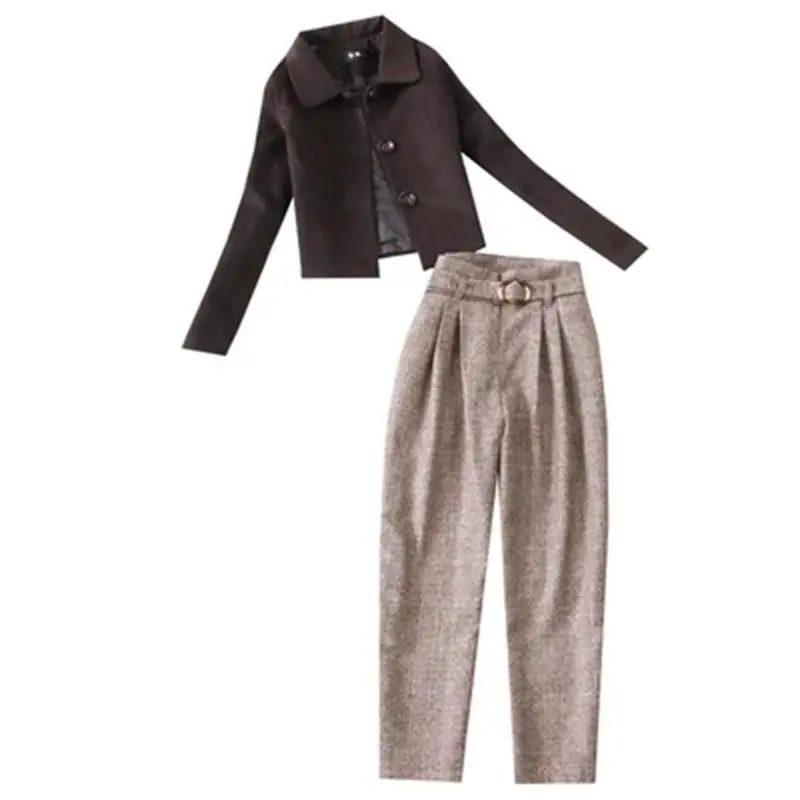 Fashion wool suit female Winter/spring New British Coffee color wool short jacket + high waist Small feet pants suit women
Fashion wool suit female Winter/spring New British Coffee color wool short jacket + high waist Small feet pants suit women