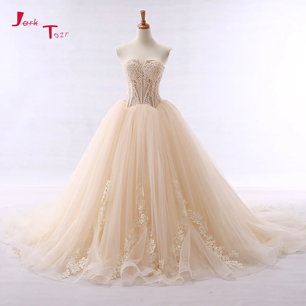 Jark Tozr Custom New Special Appliques Beading Sequins Illusion Ball Gown Wedding Dresses With Petticoat Robe De Mariage | Свадьбы и