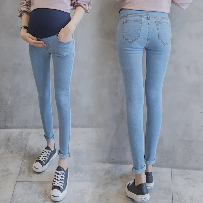 Джинсы скинни для беременных синие потертые джинсы брюки карандаш Одежда на
