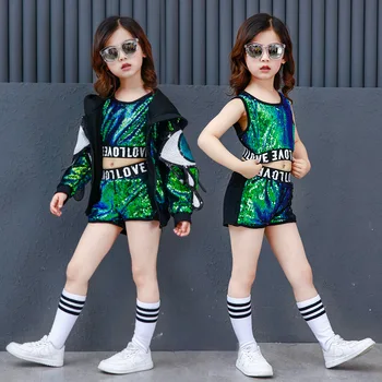 

Spring children's clothing set dance Costumes Eyes Green Hip Hop shorts & Green Black patchwork Sequins Vest kids suits twinset