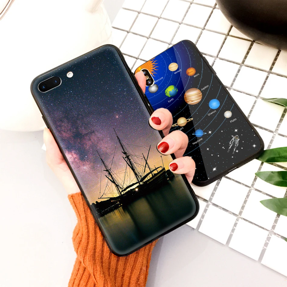 TOMKAS Star Sky Pattern Glass Case For iPhone X 7 8 6 6 s Cover Phone Cases For iPhone 7 8 6 6s Plus X Case Silione TPU PC Coque (15)