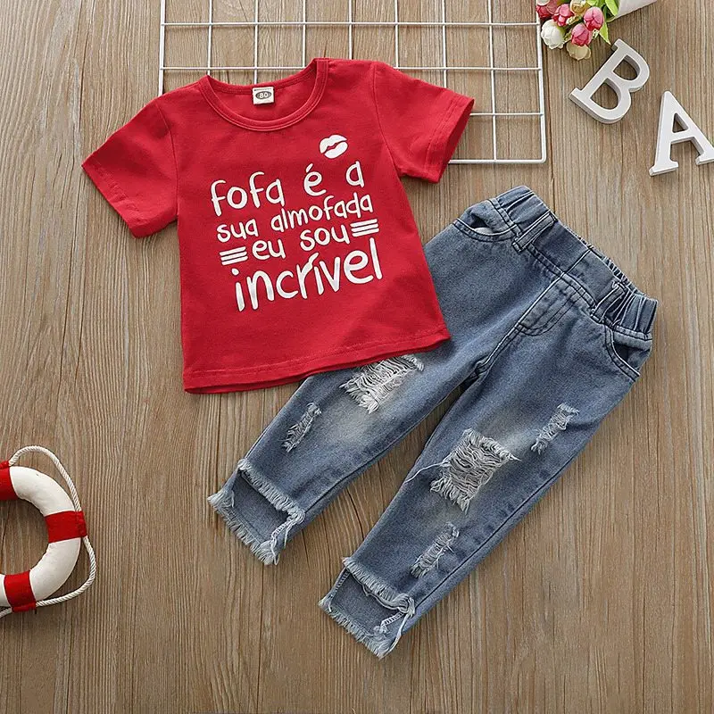 Hot Summer Baby Girl Blouse Adorable Letter Print Short Sleeve T-shirt Tops+Jeans Suit Outfits For Children
Hot Summer Baby Girl Blouse Adorable Letter Print Short Sleeve T-shirt Tops+Jeans Suit Outfits For Children