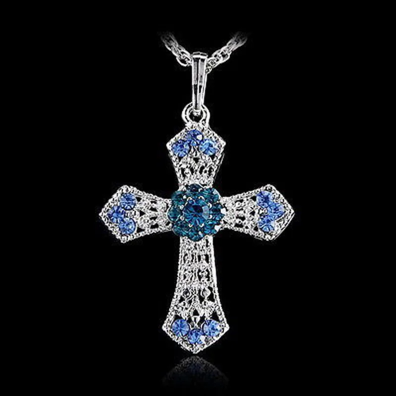 Image Crystal Cross Men Necklaces Pendants Silver Color Maxi Steampunk collares Vintage Statement Necklace