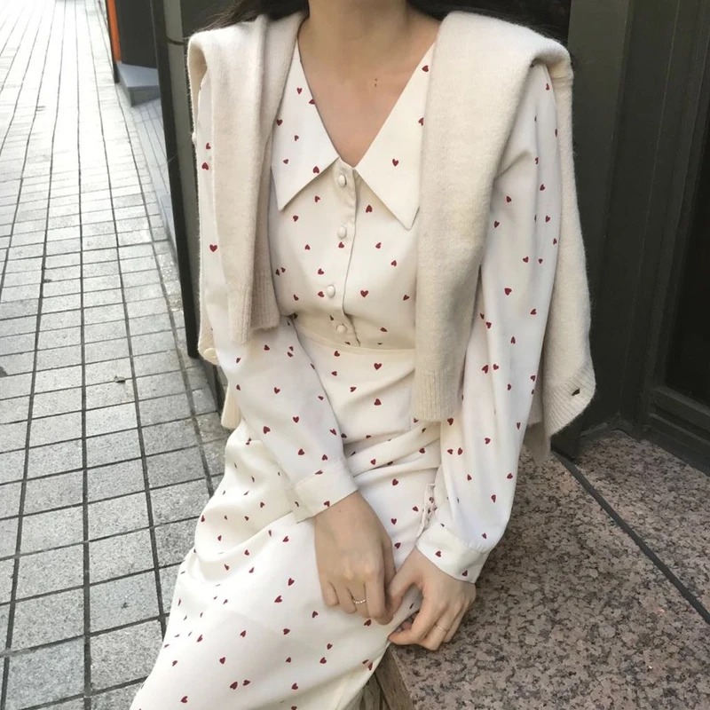 Strap Bow Heart Printing Turn-down Collar Sweet Dress Button Chic Fresh Sashes Autumn Women Long Dress Mujer Abito Robe Vestido
Strap Bow Heart Printing Turn-down Collar Sweet Dress Button Chic Fresh Sashes Autumn Women Long Dress Mujer Abito Robe Vestido