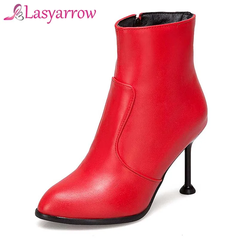 

Lasyarrow large size 2018 winter fashion women boots stiletto high heels pointed toe shoes solid black Red white ankle boots