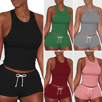 Women Summer Casual 2Piece Set Pure color Sleeveless Sport Gym Sleeveless A-shirt+ Lace-up Shorts Sport suit Bodycon
Women Summer Casual 2Piece Set Pure color Sleeveless Sport Gym Sleeveless A-shirt+ Lace-up Shorts Sport suit Bodycon