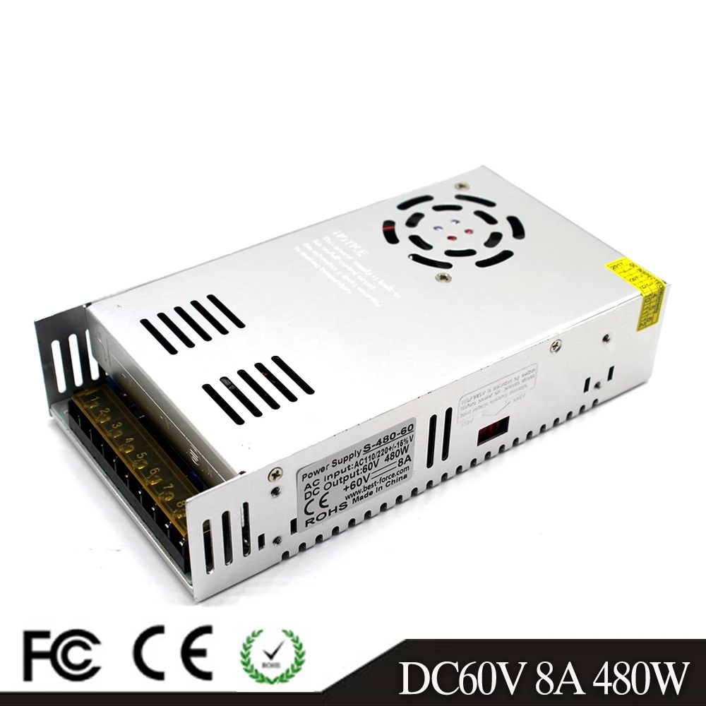 Switching power supply DC60V 8A 480W Driver Transformers AC110V 220V TO DC 60V SMPS for CCTV 3D Printer Stepper Motors Mechanics
Switching power supply DC60V 8A 480W Driver Transformers AC110V 220V TO DC 60V SMPS for CCTV 3D Printer Stepper Motors Mechanics