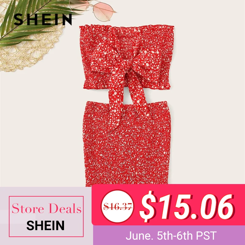

SHEIN Red Frilled Trim Bow Knot Dot Bandeau Crop Top And Skirt Two Piece Set Summer Boho Strapless Sleeveless Matching Sets