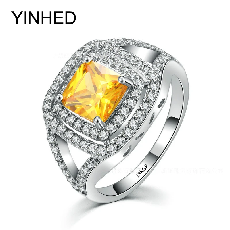 YINHED New Trendy Rings Stamped 18KGP Luxury Yellow Cubic Zirconia CZ Stones Wedding Engagement for Women Jewelry ZR387 | Украшения и