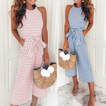 Plus Size Striped Wide Leg Jumpsuits Women Summer Sleeveless O-neck Pockets Rompers Bowknot Pants Overalls
Plus Size Striped Wide Leg Jumpsuits Women Summer Sleeveless O-neck Pockets Rompers Bowknot Pants Overalls