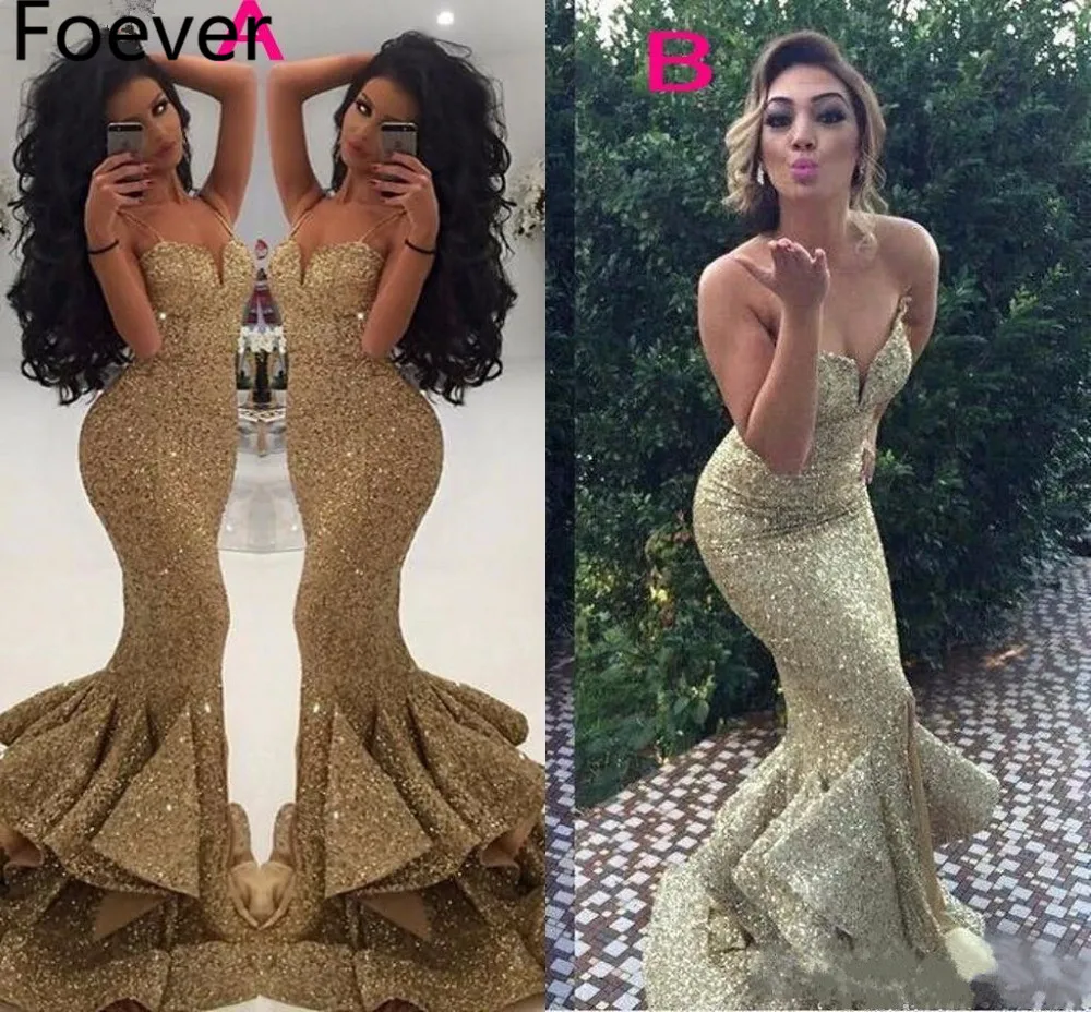 Arabic 2019 Gold Bling Bling Sequins Mermaid Evening Dresses Front Split Tiered Skirts Sexy Spaghetti Straps Prom Pageant Gowns 
Arabic 2019 Gold Bling Bling Sequins Mermaid Evening Dresses Front Split Tiered Skirts Sexy Spaghetti Straps Prom Pageant Gowns