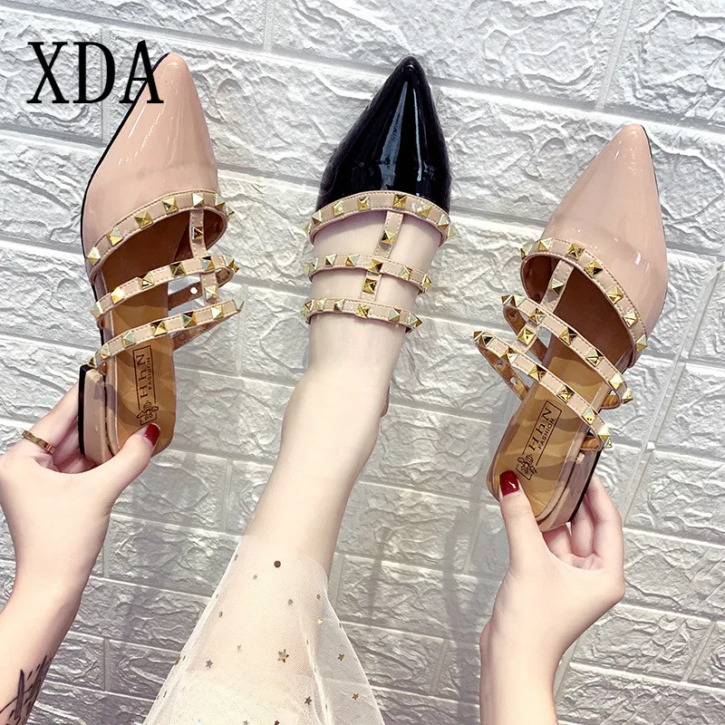 Фото XDA Women Pointed Toe Slippers Slip on Mules Brand Designers 2019 Fashion Luxury Rivet T-strap Slides casual slipper C05 | Обувь