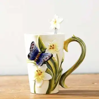 Teacup coffee mug fruit juice cup spoon combination butterfly cup simple personality ceramic cup household