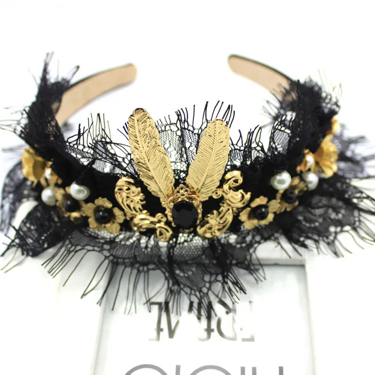 Фото Модная Королевская корона Черное кружево барокко золотой лист цветок повязка на