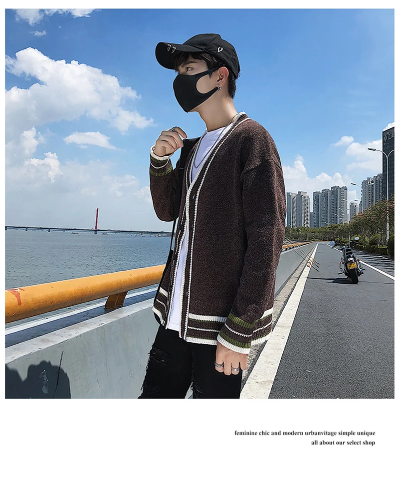 Check Button Cardigan Male Oversize Loose Streetwear (27)
