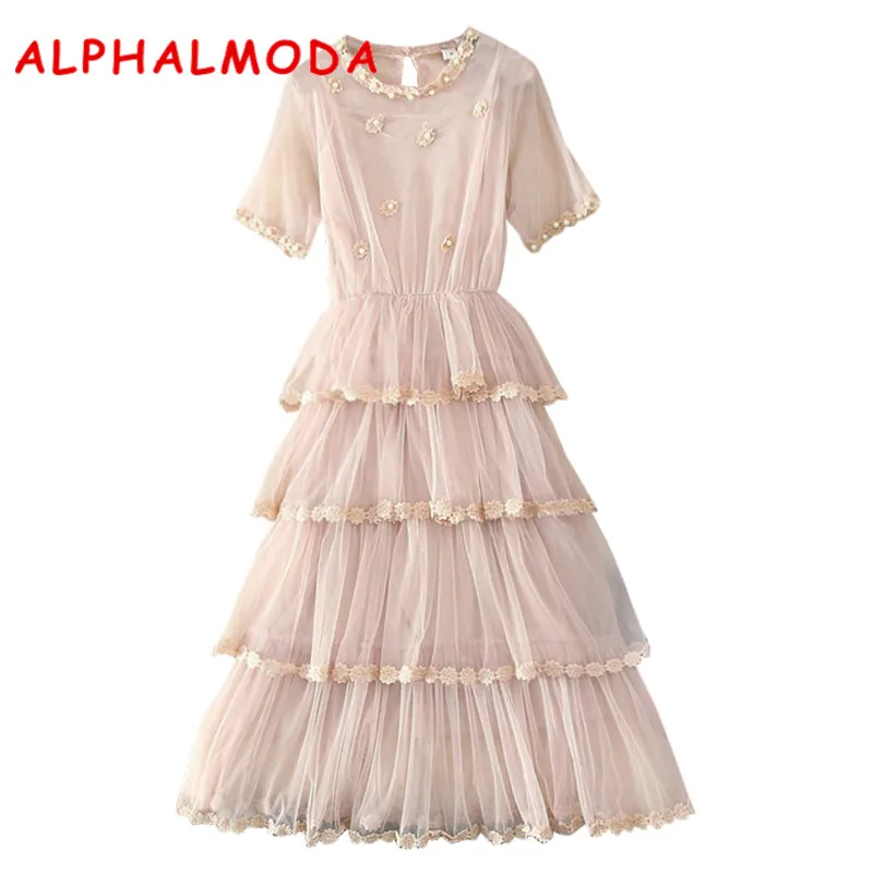 Женское кружевное платье ALPHALMODA многослойное с коротким рукавом цветочным