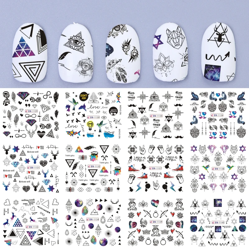 12 Designs Water Stickers For Nails Unique Geometric Jewelry Pattern Decals Black Flower Wraps Nail Art Decoration TRBN1129-1140
12 Designs Water Stickers For Nails Unique Geometric Jewelry Pattern Decals Black Flower Wraps Nail Art Decoration TRBN1129-1140
