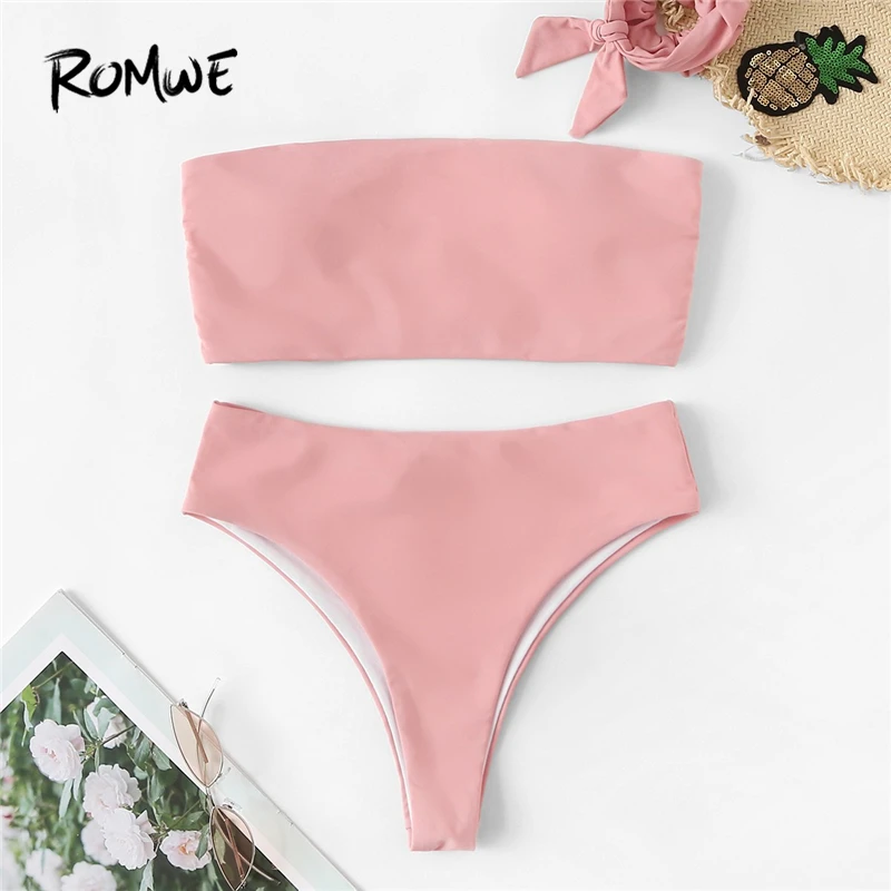

Romwe Sport Pink Pastel Solid Bandeau With High Waist Bottoms Bikini Set Women Wire Free Summer Sexy Beach Vacation Swimwear