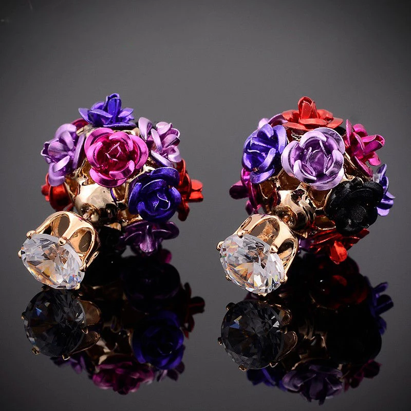 Shellhard Crystal Earring Femme Brincos Elegant Womens Double Sided Rose Flower Stud Earrings Fashion Jewelry Gift