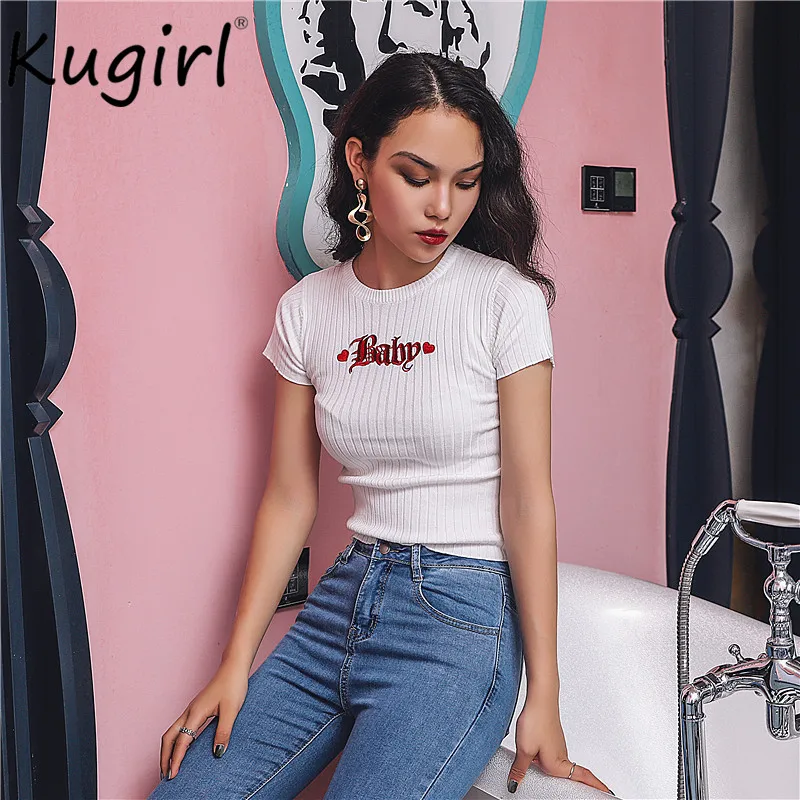 Fashion Baby Embroidery Women T-shirt Sexy Knitted Crop Top Slim tshirt Casual Cropped Basic harajuku t shirt women Vintage tops
Fashion Baby Embroidery Women T-shirt Sexy Knitted Crop Top Slim tshirt Casual Cropped Basic harajuku t shirt women Vintage tops