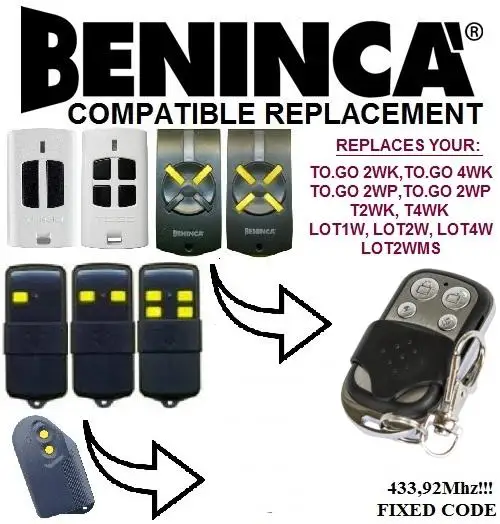 BENINCA LOT1W, LOT2W, LOT4W BENINCA LOT2WMS Universal remote control replacement clone duplicator Fixed code 433.92MHz
BENINCA LOT1W, LOT2W, LOT4W BENINCA LOT2WMS Universal remote control replacement clone duplicator Fixed code 433.92MHz