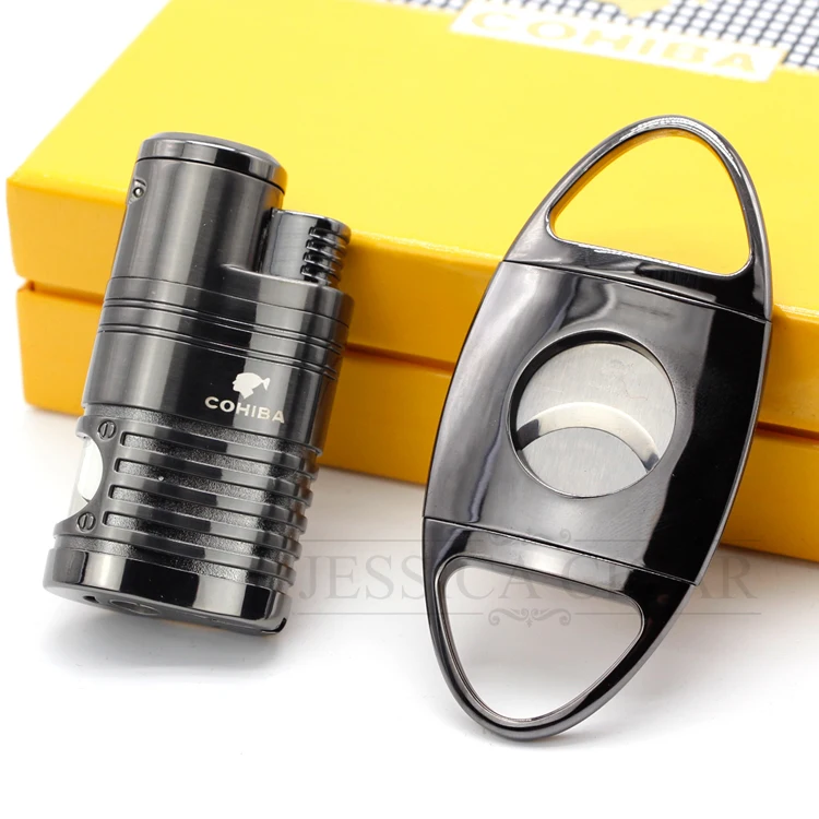 COHIBA Refillable Gas Cigar Lighter 4 Jet Flame Torch With Bulit-in Punch Dual Blades Metal Cigar Cutter Smoking Accessories
COHIBA Refillable Gas Cigar Lighter 4 Jet Flame Torch With Bulit-in Punch Dual Blades Metal Cigar Cutter Smoking Accessories