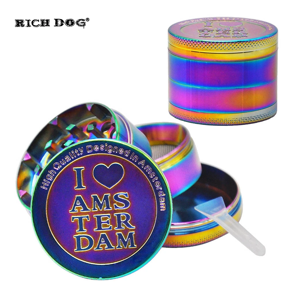 

RICH DOG Rainbow Metal Tobacco Grinder 50MM 4 Piece Sharp Teeth Zinc Alloy Smoking Herb Grinder Smoke Pipe Accessories