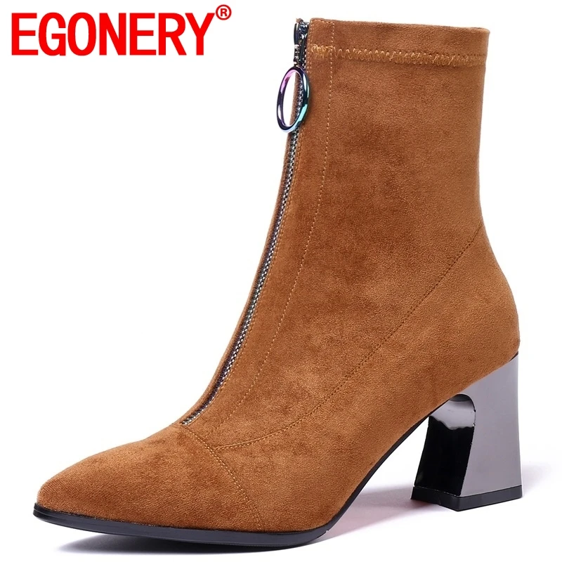 

EGONERY 2019 winter newest fashion pointed toe high hoof heels front zip flock women shoes outside warm ankle boots size 33-40