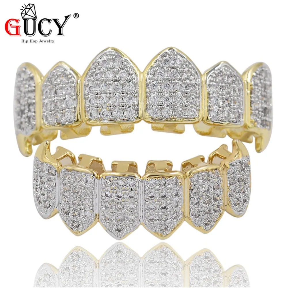 

GUCY HipHop Gold Teeth Grillz Top&Bottom All Iced Out Grills Dental Vampire Fang Teeth Caps Party Tooth Jewelry Halloween's Gift