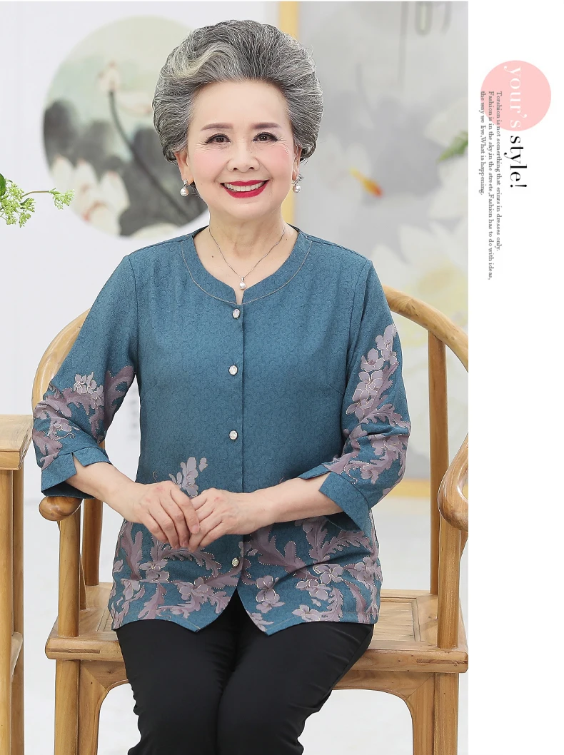 Grandma Mother Shirts Red Blue Green Flower Pattern Print Tops Women Round Collar Three Quarter Sleeve Blouses Button Front Shirt Woman Top (11)