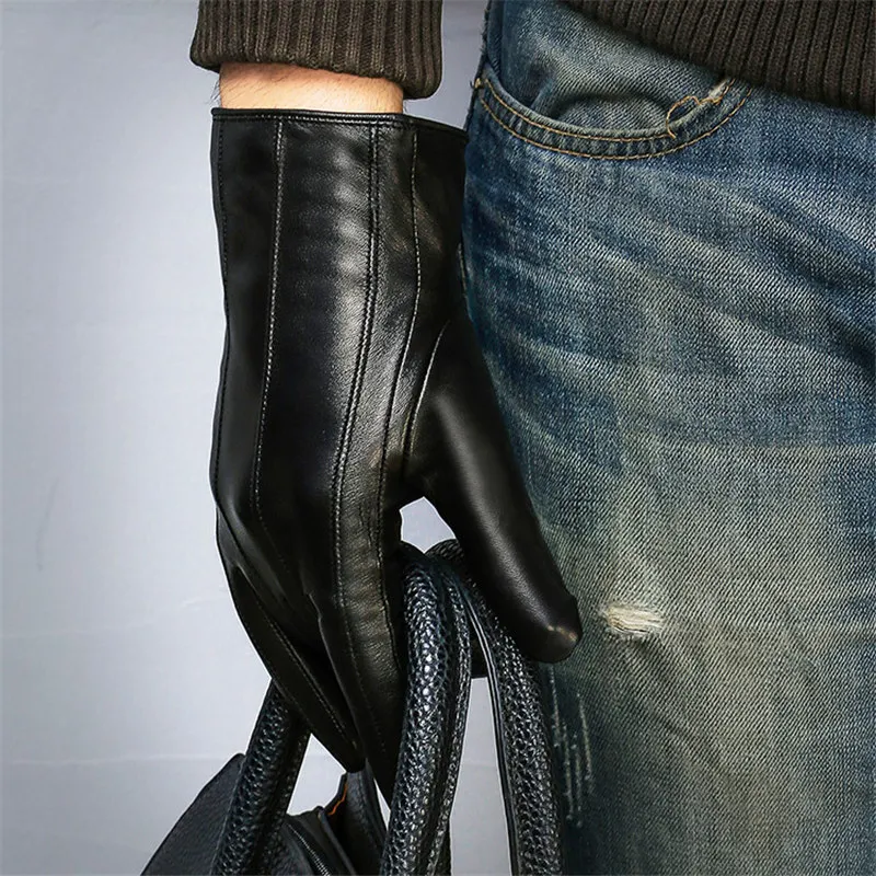 Genuine Leather Gloves Male Simple Sheepskin Man Fashion Black Autumn Winter Plus Velvet Thicken Keep Warm DQ109 2|Мужские перчатки| |