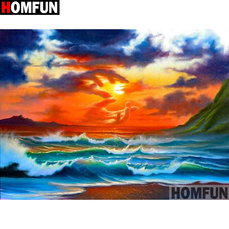 Алмазная живопись HOMFUN A13464 полноразмерная/круглая вышивка закатное море 5D сделай
