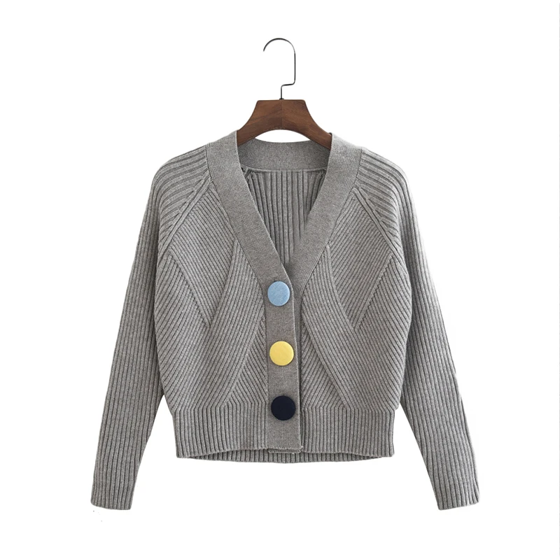 

Winter Spring Women Grey Knitted Cardigans Button Decorate Long Sleeve Short Style Stretchy Sweater Ladies Casual Sweaters