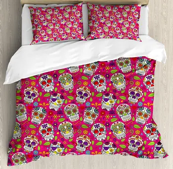 Sugar Skull Decor Duvet Cover Set Colorful Festive Skulls Leaves Motifs Pirate Cemetery Graveyard Tradition Bedding Set
Sugar Skull Decor Duvet Cover Set Colorful Festive Skulls Leaves Motifs Pirate Cemetery Graveyard Tradition Bedding Set