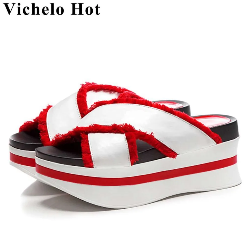 Vichelo Hot mixed colors slides cow leather slip on mules peep round toe high bottom platform movie stars outside slippers L62
Vichelo Hot mixed colors slides cow leather slip on mules peep round toe high bottom platform movie stars outside slippers L62