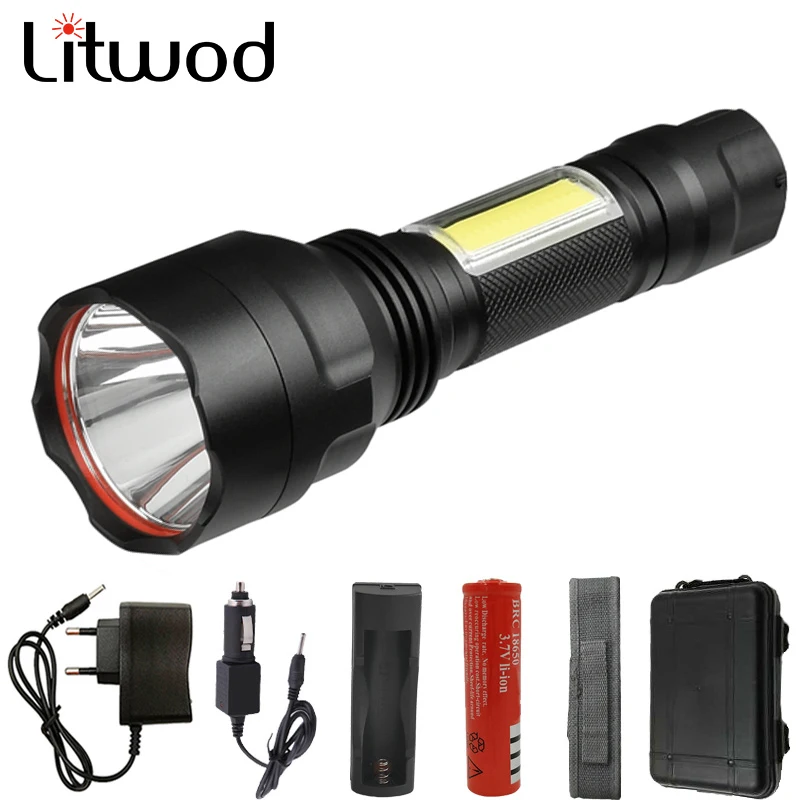 

Z20 Litwod C8-COB LED Flashlight Torch 4000 Lumens XM-L T6 & COB 5 Modes 18650 battery Lanterna For Camping light