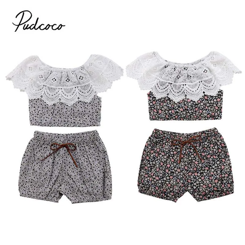 Pudcoco 2018 Newborn Toddler Baby Girl Clothes Set Lace Floral Ruffle Crop Tops+Shorts 2Pcs Summer Cute Outfit 0-24M | Мать и ребенок