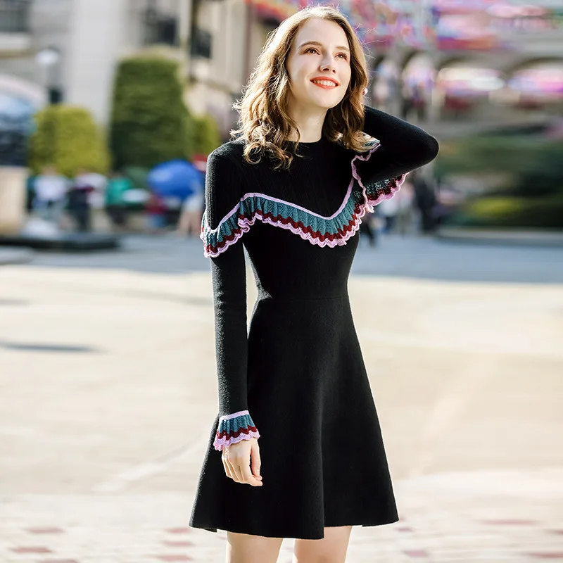 Women's soft knit dress patchwork ruffles trim rib O neck knee length Elegant beach dress A Line Dress for autumn winter
Women's soft knit dress patchwork ruffles trim rib O neck knee length Elegant beach dress A Line Dress for autumn winter