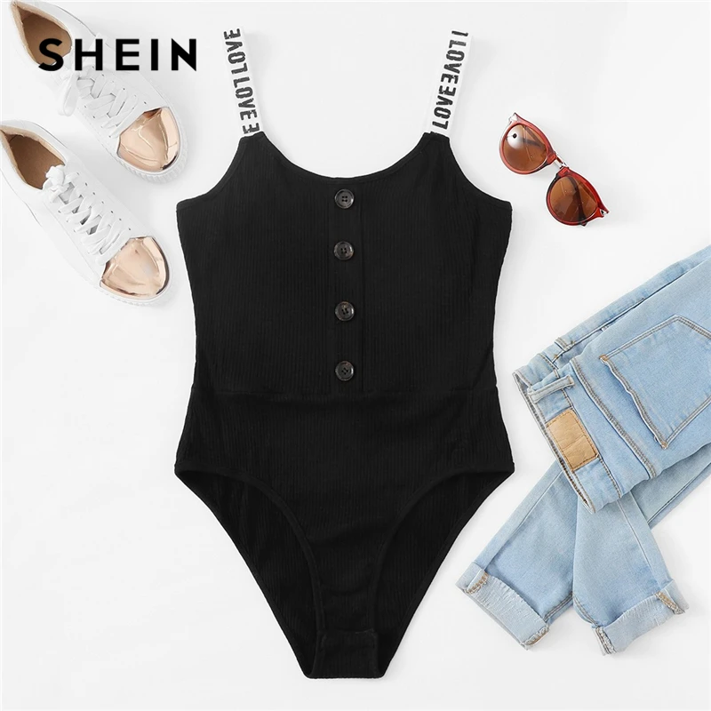SHEIN Black Button Front Ribbed Knit Skinny Cami Mid Waist Sleeveless Letter Print Straps Bodysuit Women Summer Casual Bodysuits
SHEIN Black Button Front Ribbed Knit Skinny Cami Mid Waist Sleeveless Letter Print Straps Bodysuit Women Summer Casual Bodysuits