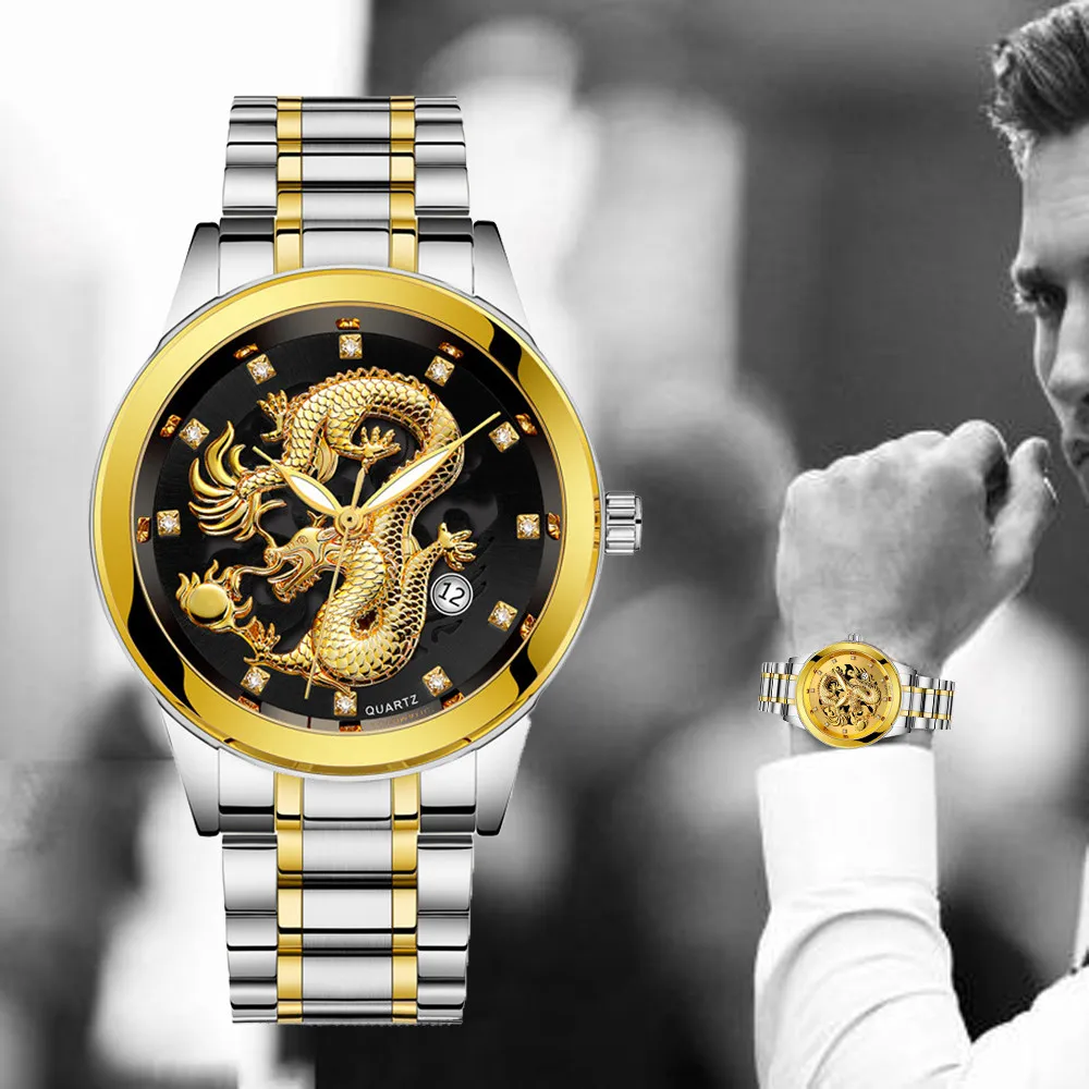 Mens watches top brand luxury Stainless steel Strap Waterproof Gold Dragon Sculpture men's wrist watches Luminous Wristwatch
Mens watches top brand luxury Stainless steel Strap Waterproof Gold Dragon Sculpture men's wrist watches Luminous Wristwatch