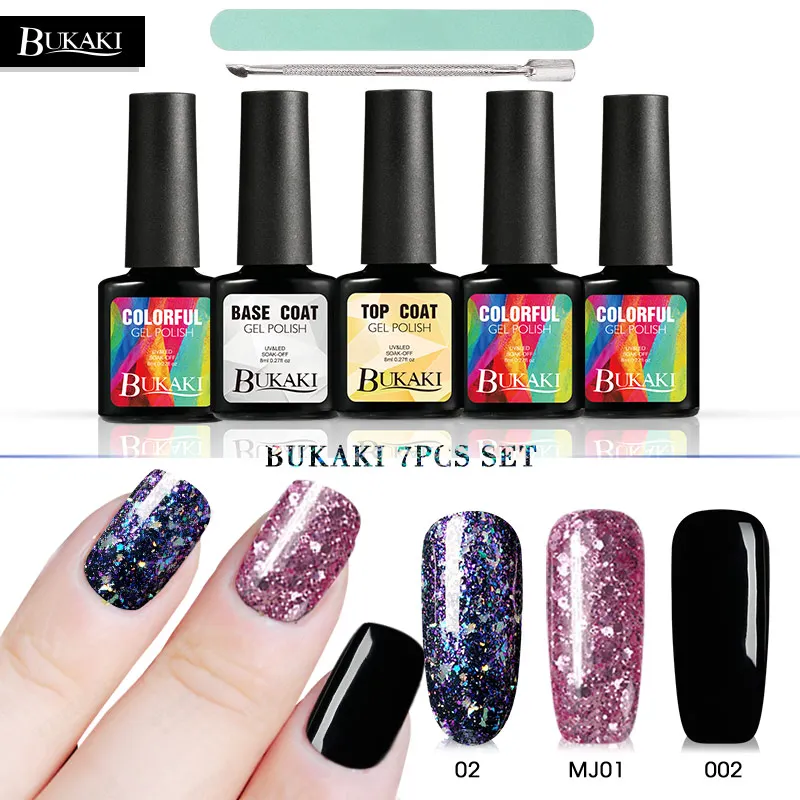 Фото BUKAKI 7 шт./лот набор гелевых ногтей Nail Книги по искусству UV гель с блестками Лаки