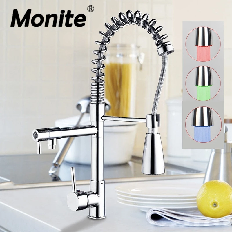 

MONITE LED Pull Down Swivel Brass Chrome Spray Sink Kitchen Faucet Basin Faucet Torneira Cozinha Faucets Mixer Tap