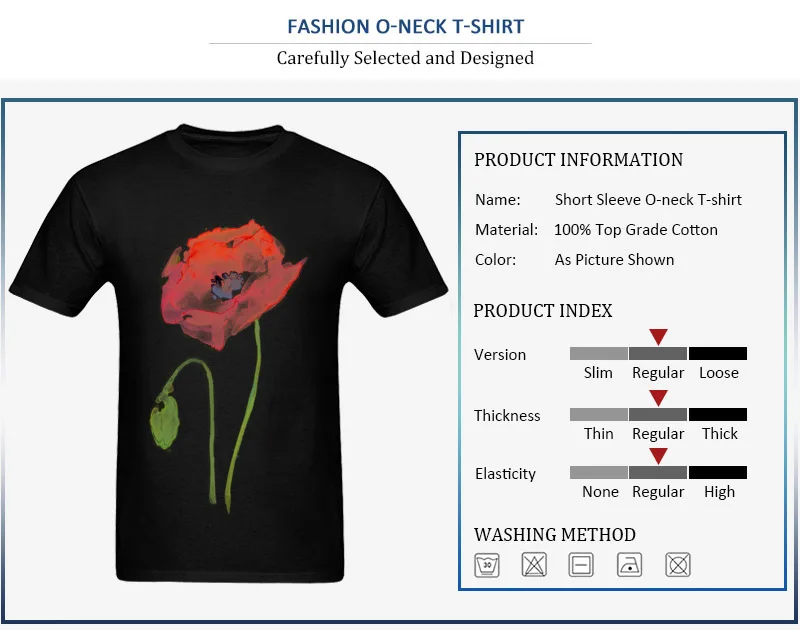 Cotton Fabric Mens Short Sleeve Red Poppy Abstract Watercolor T-shirts Casual Tops Shirt Fashion Summer Crew Neck Clothing Shirt Red Poppy Abstract Watercolor