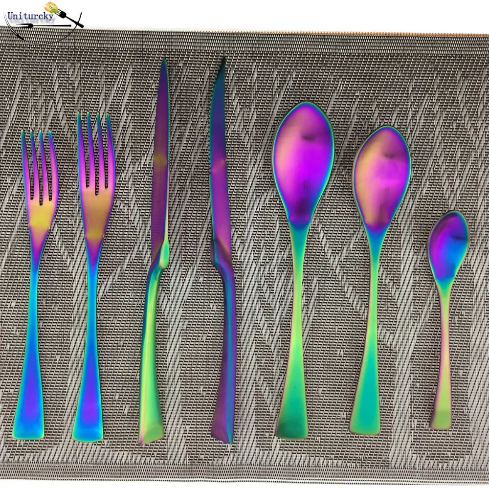 7 14 28PCS Rainbow Colorful 18/10 Stainless Steel Cutlery Iridescent Dinnerware Set Matte Dinner Steak Knife Service for 1 2 4
7 14 28PCS Rainbow Colorful 18/10 Stainless Steel Cutlery Iridescent Dinnerware Set Matte Dinner Steak Knife Service for 1 2 4
