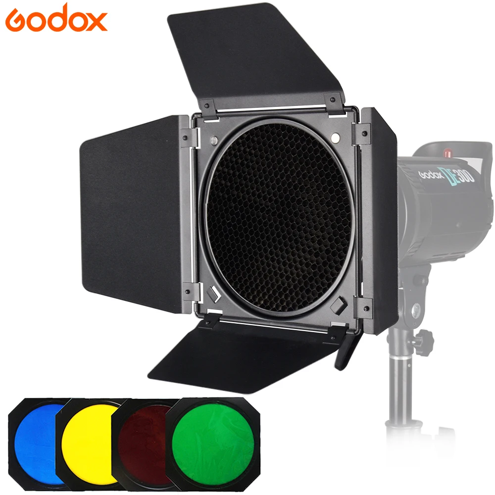 

Godox BD-04 Bowens Mount Barn Door With Honeycomb Grid + 4 Color filter Kits For SK400ii DE400 DE300 QS400 QS60 Studio Flash