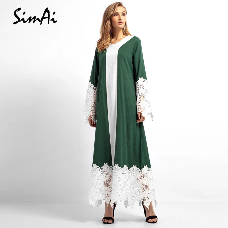 SimAi o образным вырезом Vestido женское платье из смешанного хлопка с длинным рукавом