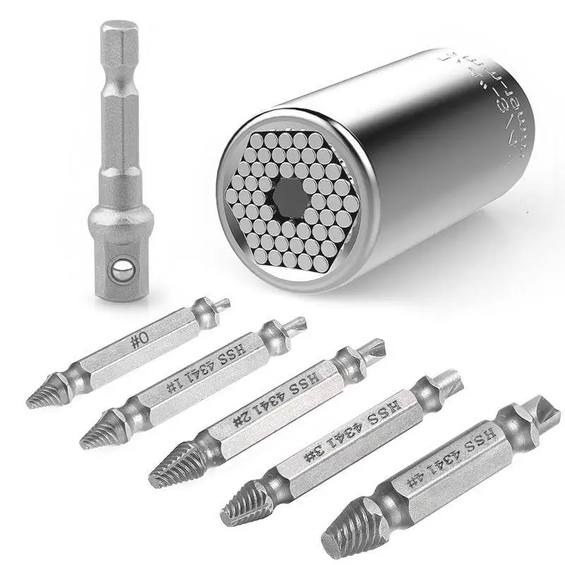 Universal Socket Damaged Screw Extractor Set, Multi-function 7mm-19mm Universal Socket Adapter Wrench with 5 Pcs Damaged Screw
Universal Socket Damaged Screw Extractor Set, Multi-function 7mm-19mm Universal Socket Adapter Wrench with 5 Pcs Damaged Screw