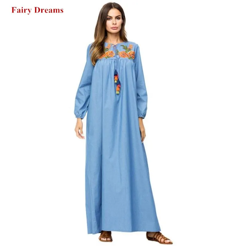 Muslim Dress Denim Abayas For Women Plus Size Islamic Clothing Dubai Flowers Embroidery Long Sleeve Turkey Turkish Kaftan Robe
Muslim Dress Denim Abayas For Women Plus Size Islamic Clothing Dubai Flowers Embroidery Long Sleeve Turkey Turkish Kaftan Robe